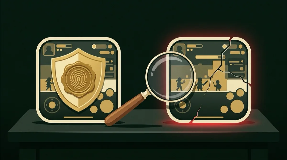Two nearly identical app icons, one sealed with a gold verified shield, the other cracked with a red glow, and a magnifying glass between them