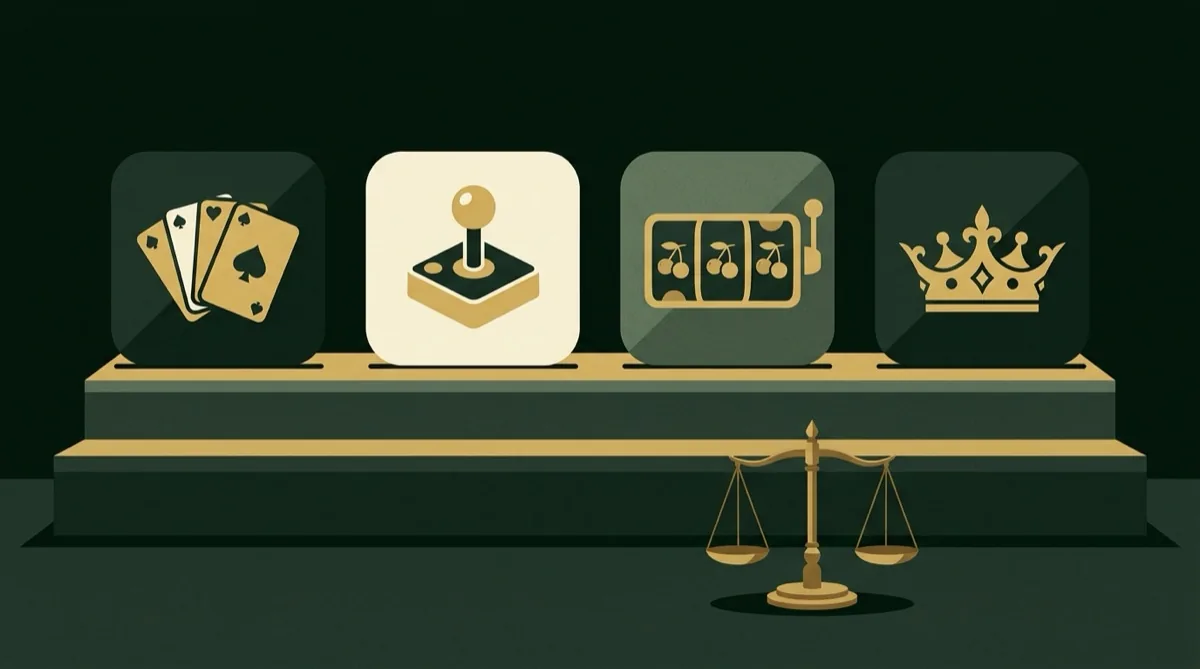 Four app-icon tiles on a podium showing cards, a joystick, a slot reel and a crown, with a balance scale in front
