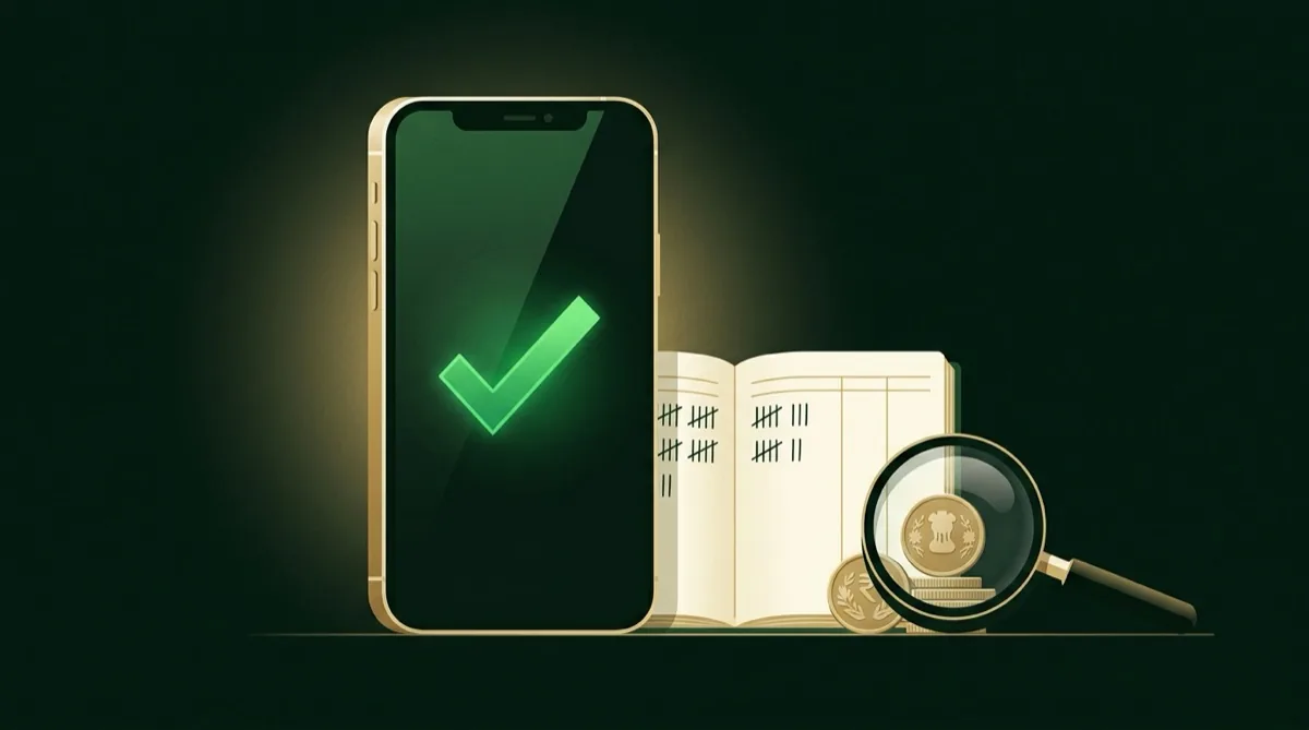 Smartphone showing a green checkmark next to a ledger and a magnifying glass over rupee coins