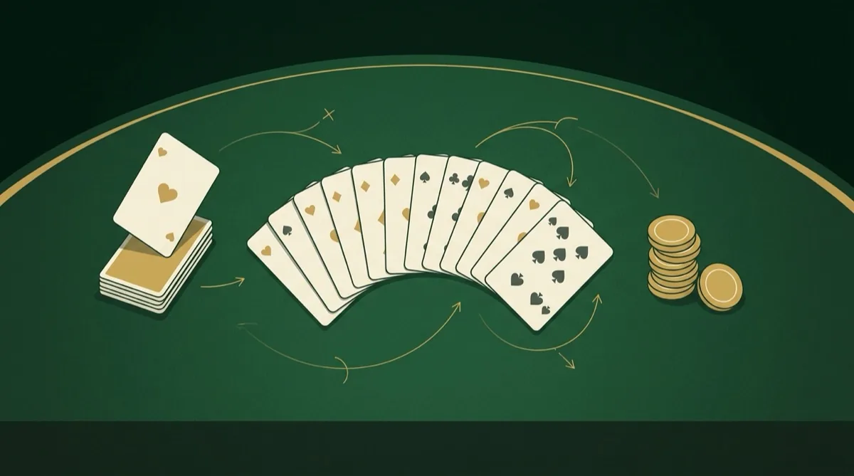 Overhead view of a fanned thirteen-card rummy hand on green felt with gold chips and strategy arrows