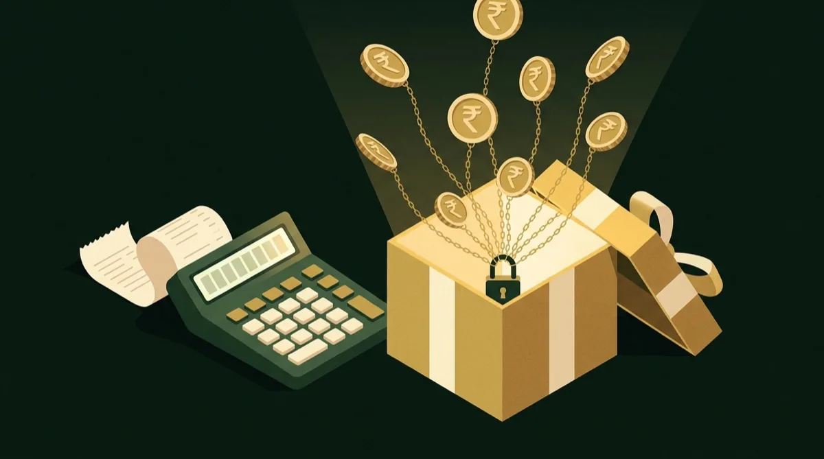 Gold gift box with rupee coins rising on chains fixed to a padlock, beside a calculator and receipt