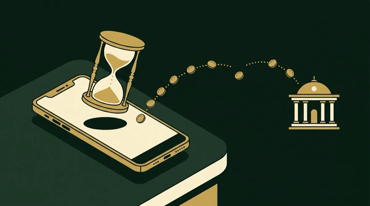 Hourglass above a smartphone with a broken path of coins toward a bank building